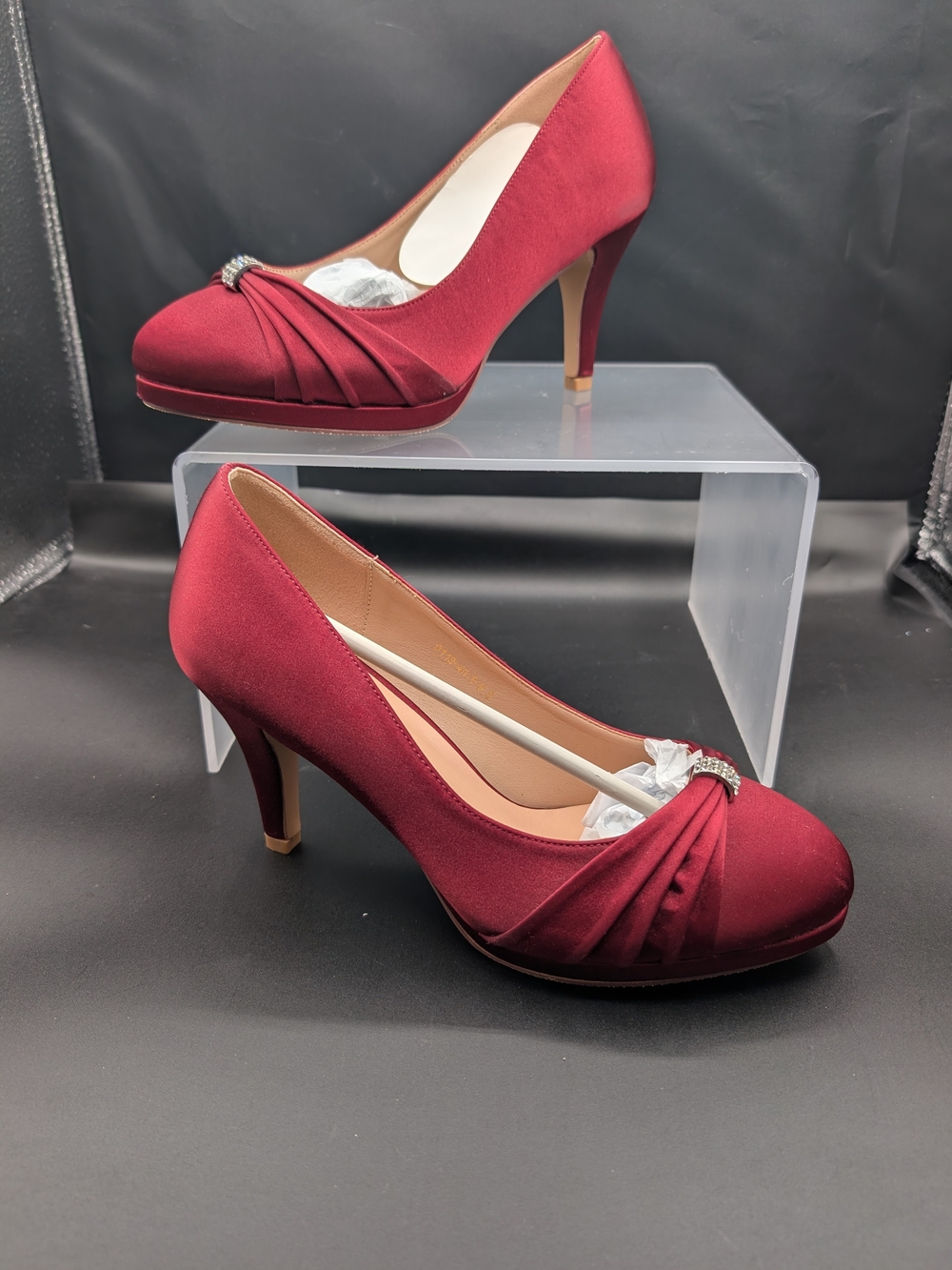 Elegant Women's Red Satin Heels with Rhinestone Accent
